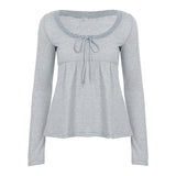 Sweet Fresh Wind U Collar Slim Thin Stripe Bump A Doll Skirt Long-Sleeved T-Shirt Foundation HZ0108