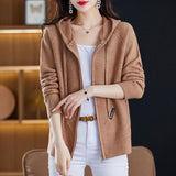 2025 New Autumn And Winter Hooded Knitted Cardigan Women's Ocean Loose-Fitting Smozer Women's Double Zipper Knit Coat HZ0108