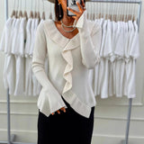 Sweater Women's 2025 Autumn And Winter Women's V-Neck Knitted Shirts Long Sleeve Wood Ears Solid Color Slimming HZ0108