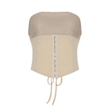 Sexy Strap Girded Waist Leather Splicing Bra + Folded Cross Lotus Leaf Side Short Skirt Girl HZ0108