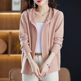 2025 New Autumn And Winter Hooded Knitted Cardigan Women's Ocean Loose-Fitting Smozer Women's Double Zipper Knit Coat HZ0108