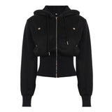 New Street Hottie Black Hoodie Zipper Pocket Spliced Casual Coat Top In Autumn/Winter 2025 HZ0107