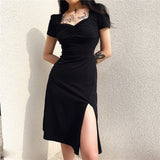 New Women's Dress 2025 Fashion Women's Court Style Folds To Collect The Waist Thin Open Fork Dress HZ0107