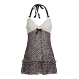 V Collar Sexy Hottie Wind Hanging Neck Blouse Sweet Leopard Lace Splicing Pure Desire A Swing Sling Vest Woman HZ0108
