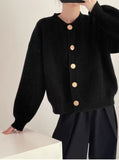 Women's Autumn And Winter Design Sense Single Buckle Solid Color Knitted Cardigan Sweater Jacket Lazy Wind Loose Round Neck HZ0108