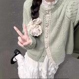 Soft Glutinous Milk Green Lace Round Knitted Jersey Women Autumn New Lazy Windy Loose Sweater Women's Cardigan Coat Women HZ0108