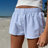 Holiday Style Simple Blue Striped Beach Shorts Women Loose Tight Waist Sports Home Weaving Leisure Pants HZ0107