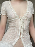 French V-Neck Lace Pure Desire Blouse Female Wind Perception Low Tie Strap Wood Ear Thin Top HZ0108