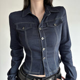 Vintage Style Blue Buckle V-Neck Shirt Babes Street Style Dress Buckle Design Long-Sleeved T-Shirt Girl HZ0107