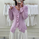 Sweater Women's 2025 Autumn And Winter Women's V-Neck Knitted Shirts Long Sleeve Wood Ears Solid Color Slimming HZ0108