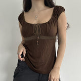 Pure Hottie Style Beads Drawstring Lace Splicing Short Coat Sweet Folded Side To Receive Short Sleeve T-Shirt HZ0107