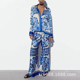 Spring Women's Dress 2025 Temperament New Casual Print V-Neck Shirt Broad Leg Pants Women's Suit HZ0108