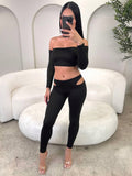 2025 Autumn Women's Shoulder Long Sleeves Short Sleeves Blouses Empty Leggings Two Sets HZ0108