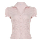 Split Design Collar Buckle Thin Short Sleeve Shirt Hot Girl Sexy Waist Thin Temperament Short Top HZ0107