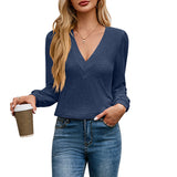 2025 Autumn And Winter New Multi-Level V-Neck Solid Color Long-Sleeved Lady T-Shirt HZ0108