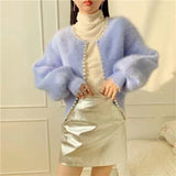Spring And Autumn Imitation Stingy Knitted Women's Loose Lazy Lantern Sleeve Nail Pearl Side Sweater Knitted Cardigan HZ0108