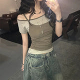 Pure Hot Babes Hit The Color Repair Casual Two-Piece Blouse Summer Round Neck T-Shirt Folded Small Sling Girl HZ0107