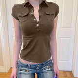 2025 Work Style Collar Short-Sleeved T-Shirt New Hot Girl Slimming Design Zipper Shirt Woman HZ0107