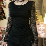 Lace Stitching Sexy Perspective-Deleted Back Short Blouse Hot Collar Slime Skinny Bottom Long Sleeve HZ0107