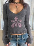 V-Neck Flower Repair Lazi Long-Sleeved Round-Neck Knitted Shirt Comfortable Foundation Of A Short-Edie Flower Sweater HZ0108