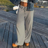 Street Hit Striped Knitted Casual Pants Commuting Daily Lazy Feeling Loose Straight Legs Trousers Women Summer HZ0107