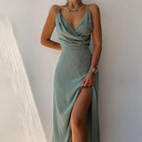 Spring 2025 Sexy V-Neck Sling Open Fork Dress Women's Mid-Long Dress HZ0107