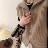 Simple High-Collar Double Zipper Knitted Vest Women 2025 Autumn And Winter Women's Loose Temperament Thin Sweater Cardigan Vest HZ0108