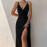 Spring 2025 Sexy V-Neck Sling Open Fork Dress Women's Mid-Long Dress HZ0107