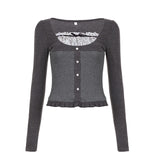 Girls Wind Fake Two Wave Dot Square Collar Splicing Buckle Top Dress Girl 2025 Bumping Small Bow Bow Wood Ear T-Shirt HZ0107