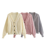 Korean Chic Autumn And Winter Retro Lazy Wind Age Reduction Casual Linen Pattern Loose Sweater Cardigan Short Coat Woman HZ0108