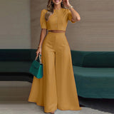 Autumn 2025 New Women's Sexy Round Collar Blouse High-Waist Broad Leg Trousers Fashion Casual Set HZ0108