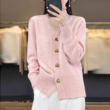 2025 Autumn And Winter New Pure Color Simple Knitted Shirt Love Buckle V Collar Women's Cardigan Outside The Loose Sweater Jacket HZ0108
