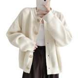 Women's Autumn And Winter Design Sense Single Buckle Solid Color Knitted Cardigan Sweater Jacket Lazy Wind Loose Round Neck HZ0108