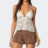 Bohemia Holiday Wind-Lwinded Back Strap Hanging Neck Sling Vest Hollow Ring Design V-Neck Lace Top HZ0107