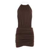 Holiday Wind Metal Ring Hanging Neck Sleeveless Back Splicing Bag Hip Dress Sexy Hot Girl Solid Dress Woman HZ0107
