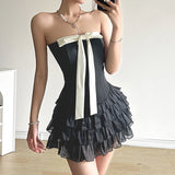 Spice Girl Fish Bone Waist Level Feeled Bosom Cake Skirt Bumping Color Bow Bow Back One-Word Collar Dress HZ0107