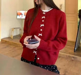 Spring And Autumn Bow Pearl Button Sweater Women's High Sense Korean Casual Gentle Wind Knitted Shirt Coat HZ0108