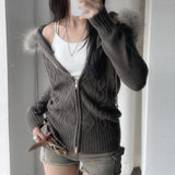 Vintage Mahjong Hair Spliced Hooded Zip Sweater Cardigan Thairy Thairy Slimming Casual Coat HZ0107
