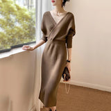 The Waist Display Thin Cross-Collar Knitted Dress Women 2025 Autumn And Winter With Coat V-Neck Long Bottom Sweater Dress HZ0108