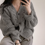 Korean Chic Autumn And Winter Retro Lazy Wind Age Reduction Casual Linen Pattern Loose Sweater Cardigan Short Coat Woman HZ0108