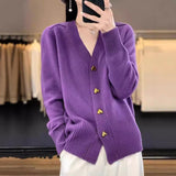 2025 Autumn And Winter New Pure Color Simple Knitted Shirt Love Buckle V Collar Women's Cardigan Outside The Loose Sweater Jacket HZ0108