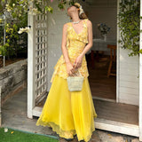 Dopamine Summer Sweet Holiday Windy Leaves Crumb Floral Dress Woman Waist Irregular V-Neck Vest Dress HZ0107