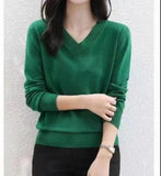 South Korea Chic Spring And Autumn New Lazy V Collar Collar Loose Solid Color Bubble Sleeve Knitted Sweater HZ0108