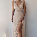 Spring 2025 Sexy V-Neck Sling Open Fork Dress Women's Mid-Long Dress HZ0107