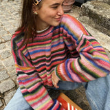 Autumn And Winter Trendy Retro Round Collar Loose Striped Sweater Cardigan Knit Coat Lazy Wind Top Woman HZ0108