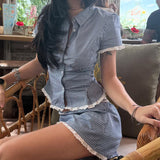 Lattice Lace Splicing Edge V-Neck Shirt Blue Vintage Hottie Waist Thin Cardigan Top Woman HZ0107