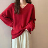 South Korea Chic Spring And Autumn New Lazy V Collar Collar Loose Solid Color Bubble Sleeve Knitted Sweater HZ0108