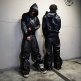 2025 Gothic Retro Loose Personalized Print Hooded Long-Sleeved Zippered Sweater HZ0108