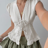 French Court Style Solid Color Lace Lace Splicing With Cardigan Blouse Niche Design Lotus Leaf-Side Shirt Female Summer HZ0107