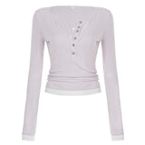 Spice Girl Style Half-Buckle V-Neck Fake Two T-Shirts In The Autumn New Dress-Up With A Bottom Shirt Woman HZ0107